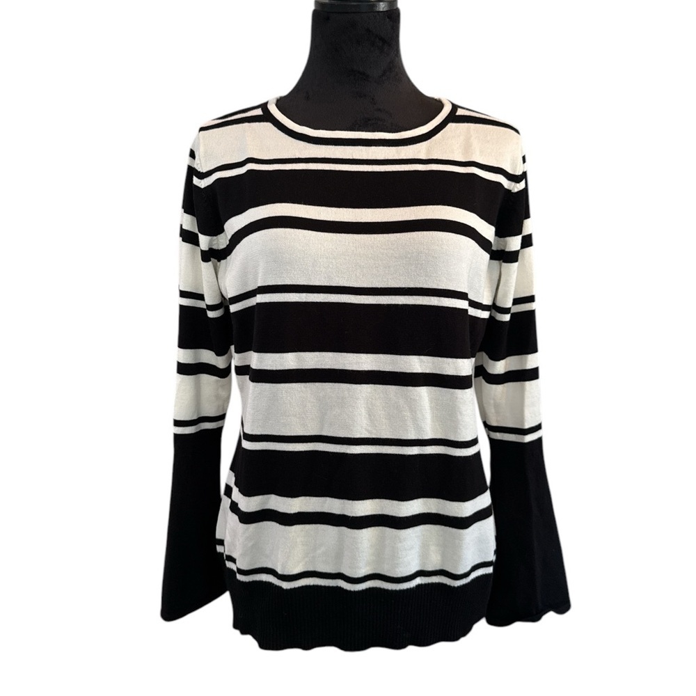 Vida Milano Black & White Striped Bell Sleeve Sweater Size‎ L Cotton Blend